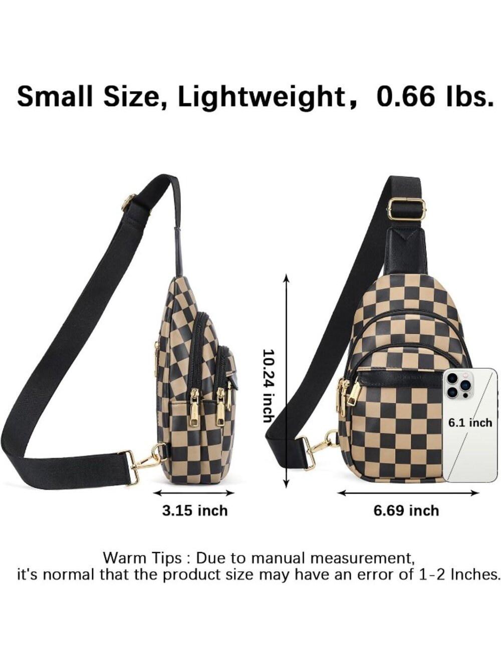 Women's Checkered Coffee Leather Sling Fanny Pack Chest Travel Purse Crossbody B - Picture 3 of 6
